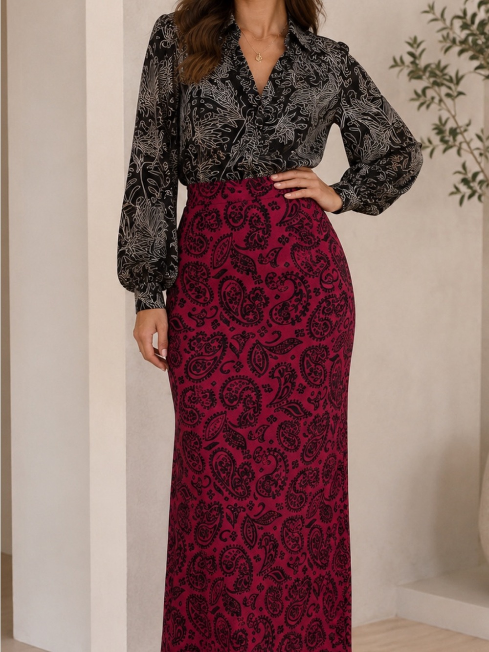 croft & barrow Pink and Black Paisley Maxi Skirt 279